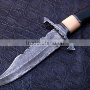 Custom handmade Damascus Bowie Hunting knife Damascus Thumb GUARD ( 1095 Steel and 15N20 Steel )