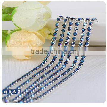 Rainbow Blue Silver Plating Fancy High Quality Close Crystal Rhinesstone Chain for Jewelry