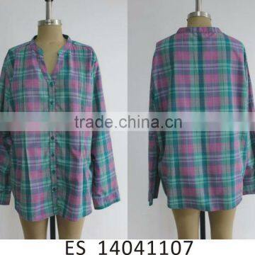 Ladies v-neck long sleeve checked plus size shirts