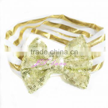 Shinny gold stripe headband with a large sparkle gold hair bow - sequin hair bow headband