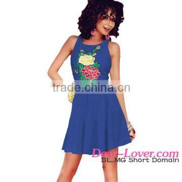 2016 new Blue Embroidered Floral crochet Skater ladies dress cutting