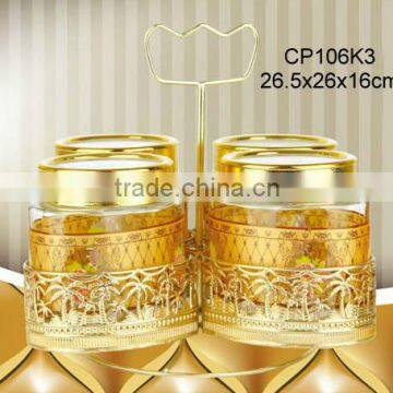 CP106K3 4pcs oval glass jar with printing with turning golden rack