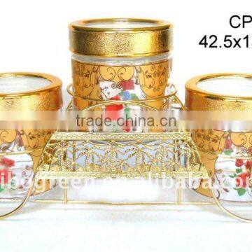 3pcs round glass jar with printing with golden rack(CP110)