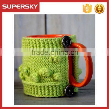 V-78 Pocket cable crochet mug sleeve warmmer mug sweater with pom