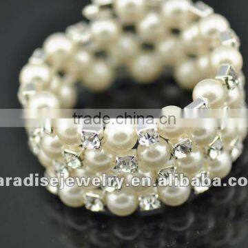 3 row pearl and rhinestone graduated wraparound coil bracelet-BRW060428