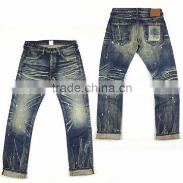 Custom High quality vintage wash distressed Japanese selvedge jeans denim selvedge denim jeans(LOTR007)