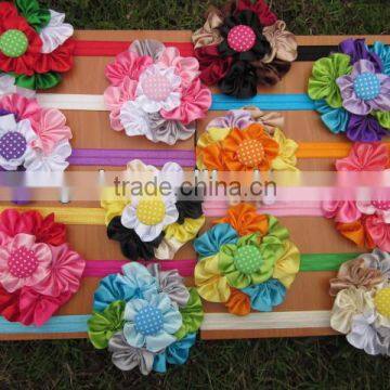 Cluster Flowers Baby Headbands with Polka Dot Button in Center