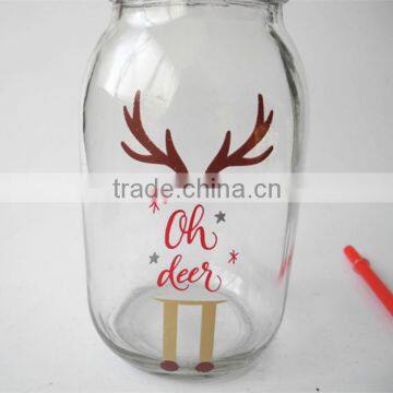 Deer Printed Festival Use Ecofriendly Glass Mason Jar With Pipe photo-3