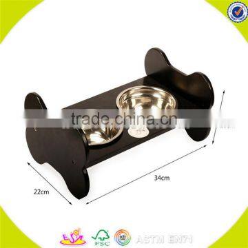Wholesale high quality double stainless steel pet feeder bowls hot sale wooden feeder double bowls W06F046