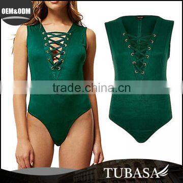 Suede sleeveless Lace Up Bodysuit Women Clothes