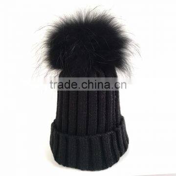 Myfur Fashion Detachable Raccoon Fur Pom Poms Knit Beanie Cap for Adults