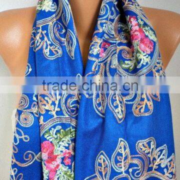 Royal Blue Embroidered Scarf Shawl Cowl Women Fashion Accessories Gift Ideas For Her Women Scarves Best Selling Item Scarf photo-2