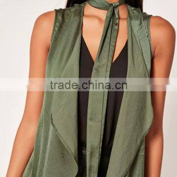 Light Weight Crepe Sleeveless Cardigan Women's Khaki Green Waistcoat photo-6