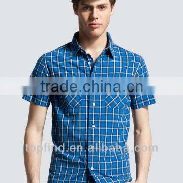 Short Sleeve Cotton Plaids Double Pockets Men Shirts