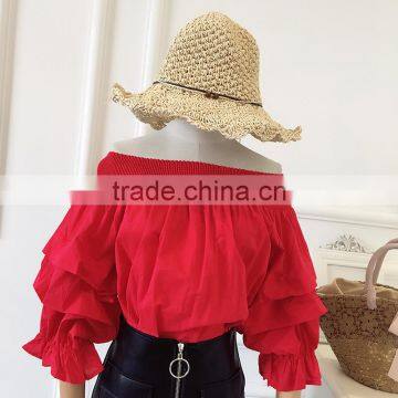 B22666A Autumn Sexy Ladies Off shoulder Elastic collar Lantern Sleeve Blouse