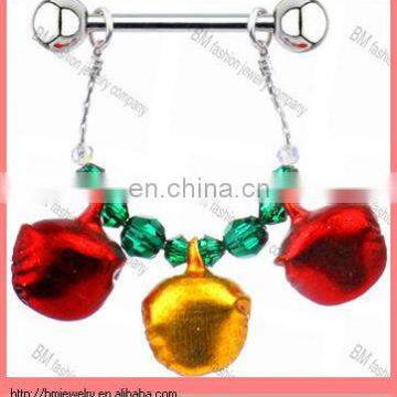 beautiful Handcrafted Crystal Holiday Jingle Bell Nipple Ring MADE WITH barbell body piercing jewelry rings