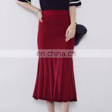 OEM Autumn Fashion Mermaid Style Wine Red Knitted Fabric Bodycon Ladies Long Skirt