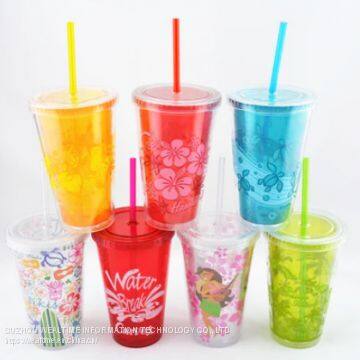 Wholesale custom printed color logo clear plastic straw cup with lid