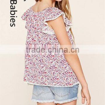 Wholesale Boutique Clothing China Kids Floral Print Crochet Trim Tops photo-3