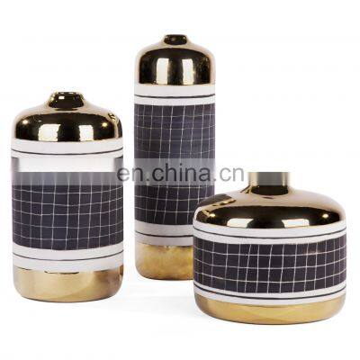Retro Luxury Round Black Golden Porcelain Ceramic Vase for Home Decoration
