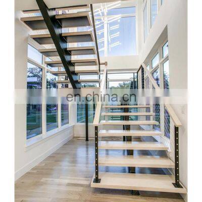 Mono stringer straight staircase wooden stringer stairs with glass railing staircases