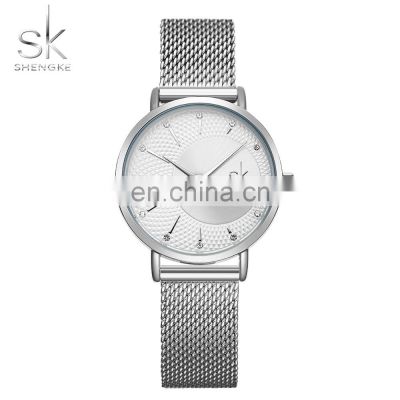 SHENGKE Luxury Woman Silver Watch Silver Stainless Steel Mesh Band Quartz Watches  K0093L