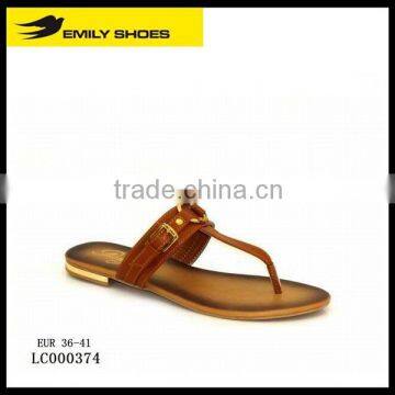 Lady's T- strap PU slipper with upper accessory