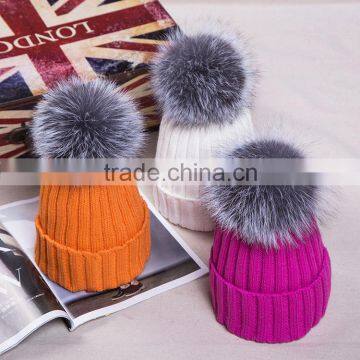 New Arrival Winter Fashion Girl Wool Knit Silver Fox Fur Hats