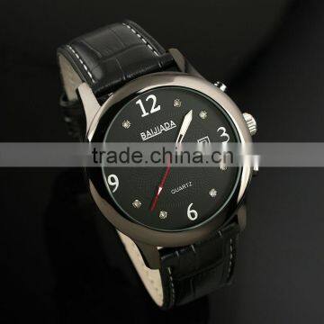 Gents Generous Black Dial Leather Strap Quartz Wrist Watch WM296