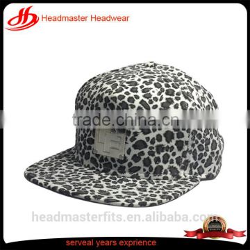 custom 5 panel cow wool metal plate logo leopard snapback hat spot cap