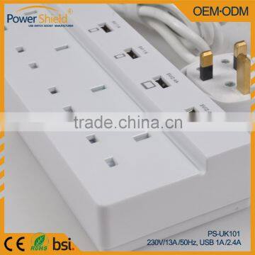 3 Pin Uk Plug Movable Desktop Extension socket with Surge Protector 230V with 4 USB outlet 4 Gang AC output CE aproval