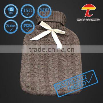 BS rubber hot water bottle with brown color cable design knitted cover with bowtie