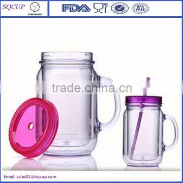 Bulk BPA free costom plastic travel juice tumbler mason jar tumbler with handle and lid