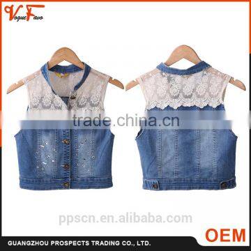 OEM Design off-shoulder sleeveless coat blue and white color jeans lace Custom denim outdoor life women jacket for denim jacket