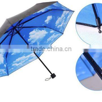 21 Inches Manual Opening 3-Section Blue Sky Umbrella/Fashion Umbrella With Cloud Pattern On Interior Canopy