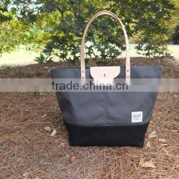custom large canvs tote bag with leather handle
