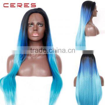 Synthetic Hair Black Root Blue Ombre Straight Lace Front Wig Hair Wigs