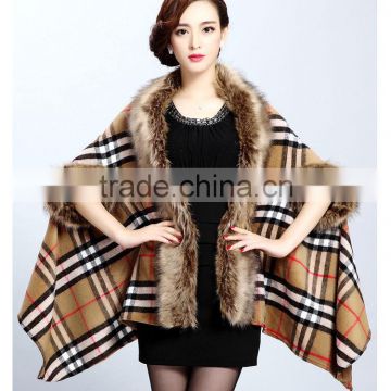 2015 Europe and United States new women's fur shawl cardigan grid cape coat