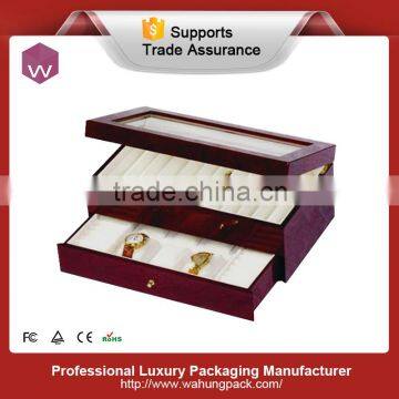 Double Layer Drawer Wooden Watch Pen Storage Box With Glass Window Top