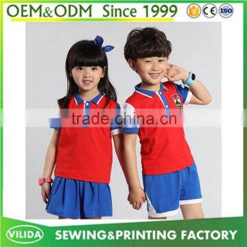 Good quality kindergarten uniform fashion primary school uniform red polo shirt and bule shorts or skirt