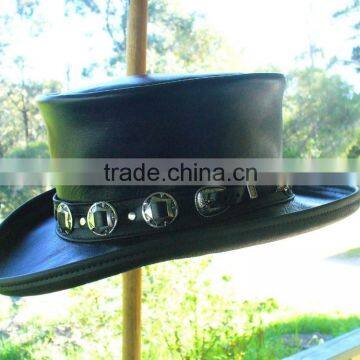 BLACK LEATHER MEN'S MAVERICK STEAMPUNK HAT W: CONCHO BELT AUSTRALIAN HAND MADE