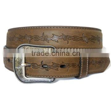 3D Western Mens Leather Tooled Embossed Belt Barbed Dark Brown