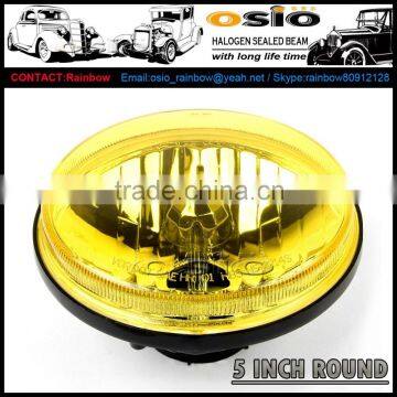 5' Round YELLOW LENS head light , 12V / 24V Halogen Sealed Beam , SEMI SEALED BEAM, install HID ,H4