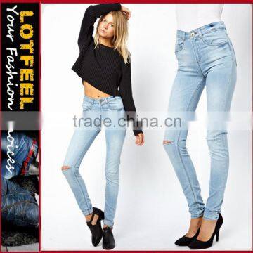 Ice Blue Super Soft Ultra women Skinny Jeans with Ripped Knee (LOTX142)