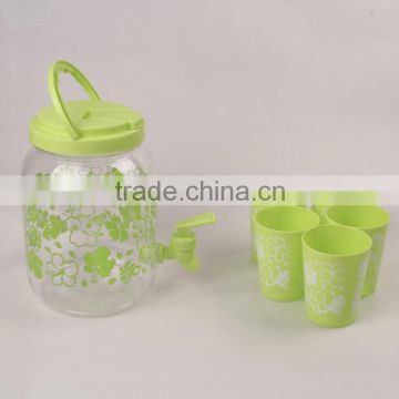 2.5L Glass Jar With Faucet Flower Printing Beverage Juice Dispenser With Cups