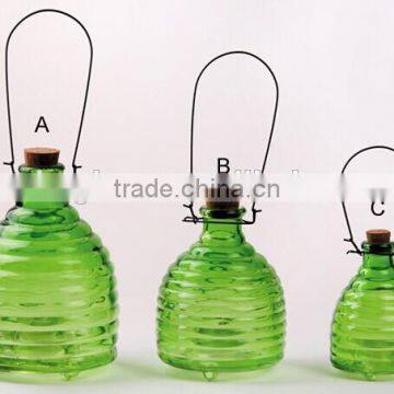 3pcs glass wasp trap with metal handle amd cork hanging glass bee catcher glassware