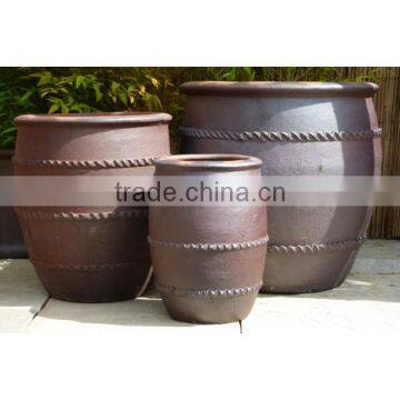 Large Dark Clay Planter with Rings. Set of 3.