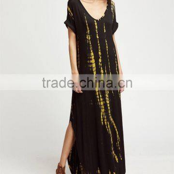 Guangzhou Clothing OEM Boho Deep V Neck Spandex and Rayon Tie Dye Dress