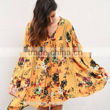 2017 Hot Sell Vintage Flower Print Lace Summer Boho Dress Women Long Lantern Sleeve Loose Short Dress Women photo-4