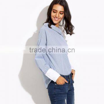 Womens Tops Fashion Autumn Ladies Blue Striped Fold Over Asymmetric Shoulder Long Sleeve Contrast Cuff Blouse photo-5